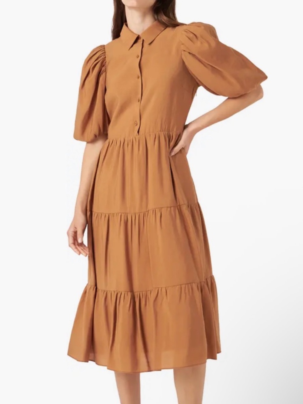 Women's Tiered Puff-Sleeve Midi Dress - Brown
